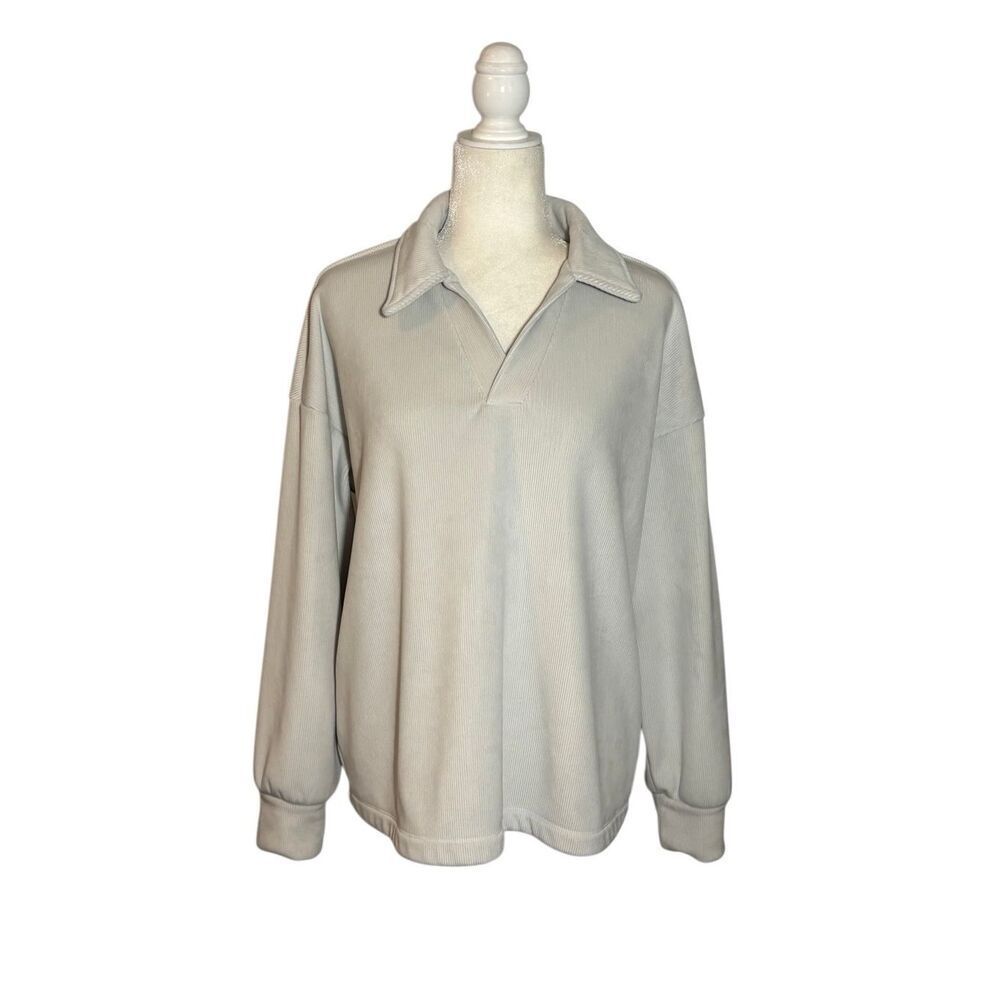 Mondetta ribbed corduroy collared fleece pullover in light gray - XL